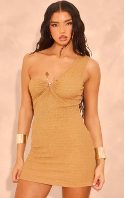 Camel Trim Detail One Shoulder Bodycon Dress
