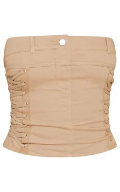 Camel Twill Waistband Detail Lace Up Side Corset