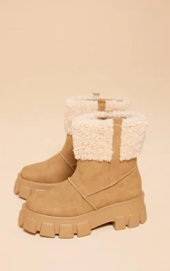 Camel Wide Fit Faux Suede Shearling Chunky Platform Ankle Boots