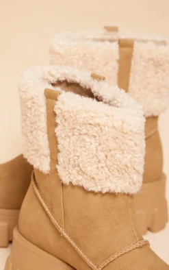 Camel Wide Fit Faux Suede Shearling Chunky Platform Ankle Boots