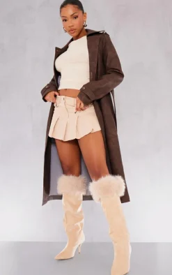 Camel Wide Fit Faux Suede Point Toe Faux Trim Knee High Heeled Boots