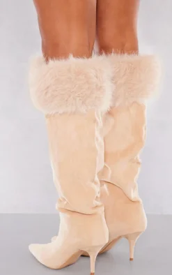 Camel Wide Fit Faux Suede Point Toe Faux Trim Knee High Heeled Boots