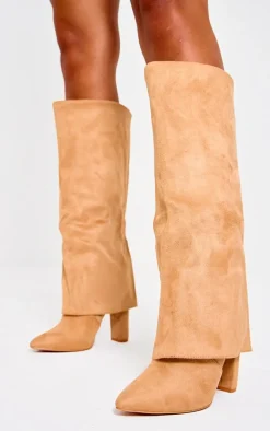 Camel Wide Fit Faux Suede Pointed Fold Over Block Heel Knee Boots