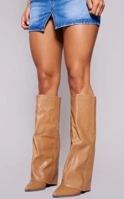 Camel Wide Fit PU Fold Over Knee High Block Heeled Western Boots