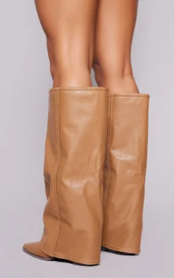 Camel Wide Fit PU Fold Over Knee High Block Heeled Western Boots