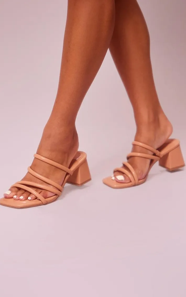 Camel Wide Fit Pu Square Toe Tube Strap Mid Block Heeled Sandals