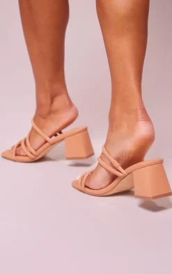 Camel Wide Fit Pu Square Toe Tube Strap Mid Block Heeled Sandals