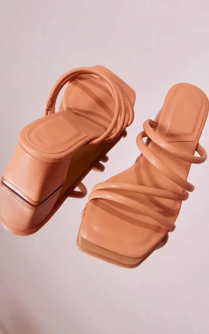 Camel Wide Fit Pu Square Toe Tube Strap Mid Block Heeled Sandals