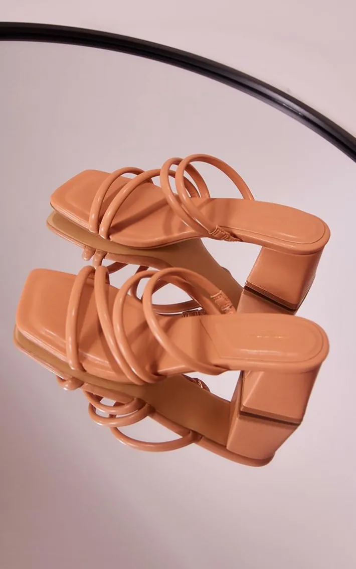 Camel Wide Fit Pu Square Toe Tube Strap Mid Block Heeled Sandals