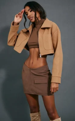 Camel Wool Look Pocket Detail Cropped Jacket