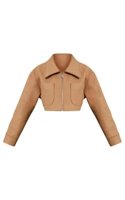 Camel Wool Look Pocket Detail Cropped Jacket
