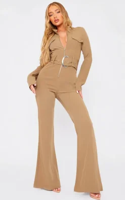 Camel Zip Up Belted Tailored Cargo Jumpsuit