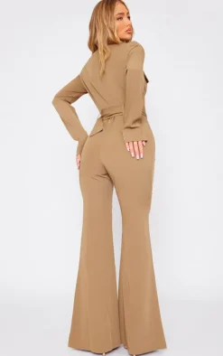 Camel Zip Up Belted Tailored Cargo Jumpsuit