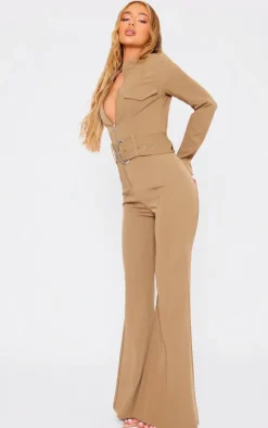 Camel Zip Up Belted Tailored Cargo Jumpsuit