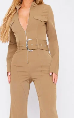 Camel Zip Up Belted Tailored Cargo Jumpsuit