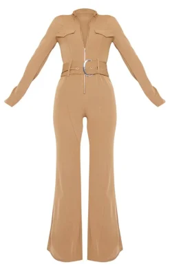 Camel Zip Up Belted Tailored Cargo Jumpsuit