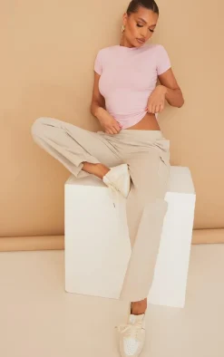 Candy Pink Basic Cotton Blend Fitted Crew Neck T Shirt