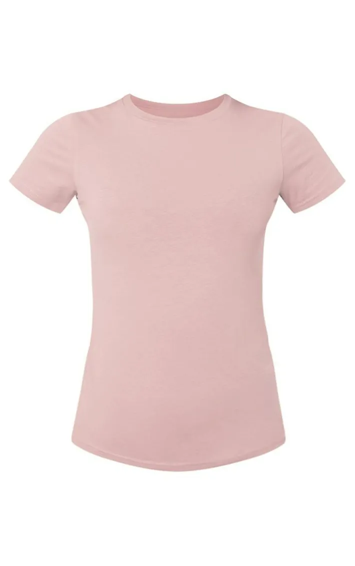 Candy Pink Basic Cotton Blend Fitted Crew Neck T Shirt