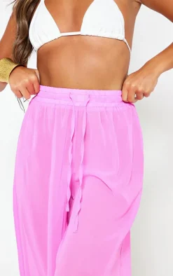 Candy Pink Chiffon Drawstring Wide Leg Beach Pants