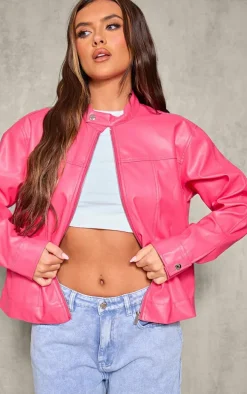 Candy Pink Faux Leather Minimalist Racer Jacket