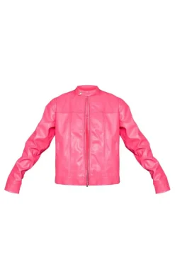 Candy Pink Faux Leather Minimalist Racer Jacket