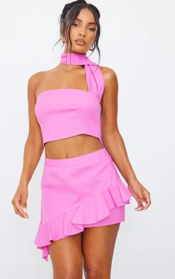 Candy Pink Linen Look Asymmetric Ruffle Mini Skirt