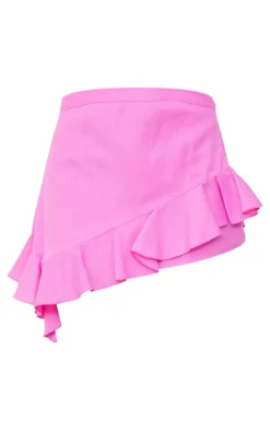 Candy Pink Linen Look Asymmetric Ruffle Mini Skirt