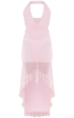 Candy Pink Mesh Cut Out Halterneck Ruched Midaxi Dress
