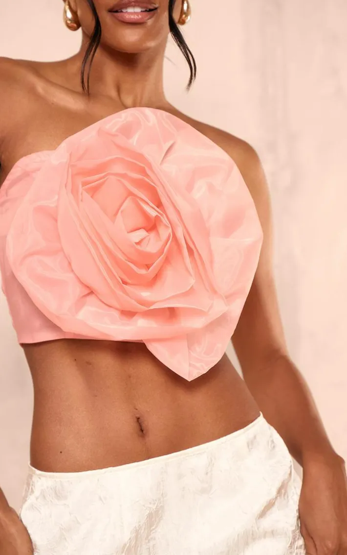 Candy Pink Organza Flower Applique Bandeau Top