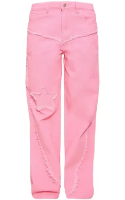 Candy Pink Raw Hem Detail Star Applique Wide Leg Jeans