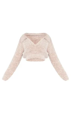 Cappuccino Fluffy Knit V Neck Collar Detail Cropped Sweater