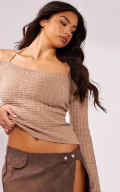 Cappuccino Textured Knit Bardot Sleeve Tie Detail Top