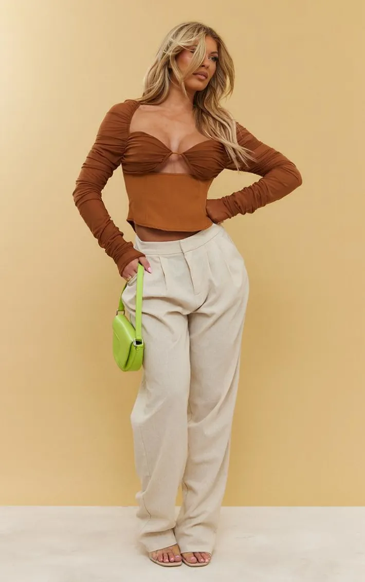 Caramel Mesh Cup Detail Ruched Sleeve Corset