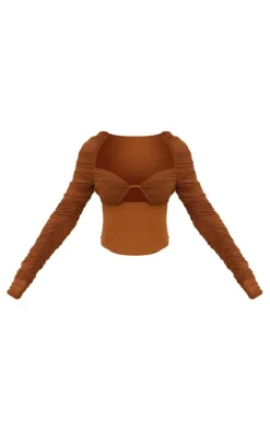 Caramel Mesh Cup Detail Ruched Sleeve Corset