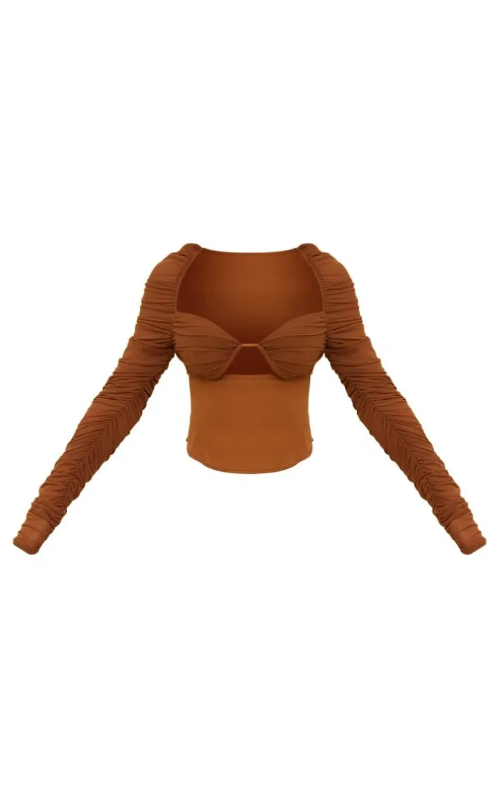 Caramel Mesh Cup Detail Ruched Sleeve Corset