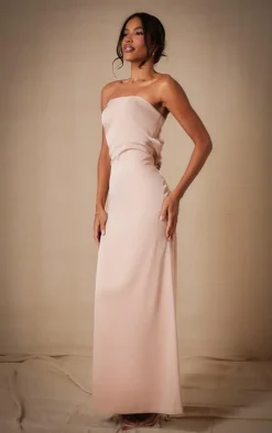 Champagne Bridesmaid Satin Bandeau Maxi Dress