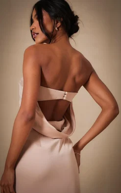 Champagne Bridesmaid Satin Bandeau Maxi Dress