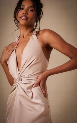 Champagne Bridesmaid Satin Twist Plunge Halterneck Maxi Dress