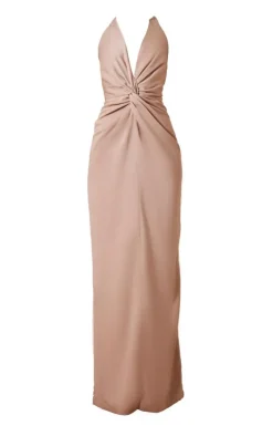Champagne Bridesmaid Satin Twist Plunge Halterneck Maxi Dress