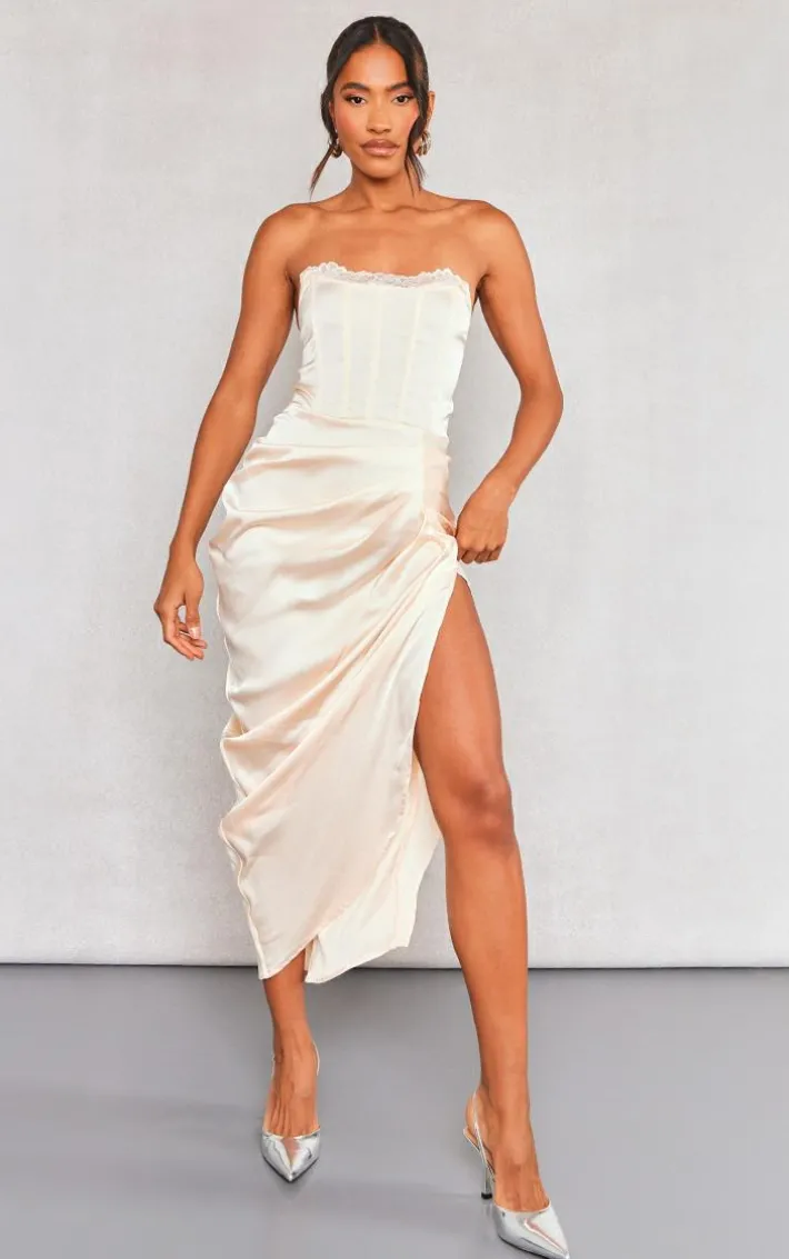 Champagne Lace Trim Detail Corset Satin Pleated Midi Dress