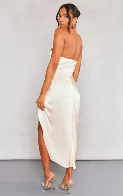 Champagne Lace Trim Detail Corset Satin Pleated Midi Dress