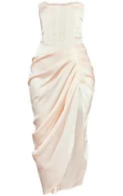 Champagne Lace Trim Detail Corset Satin Pleated Midi Dress