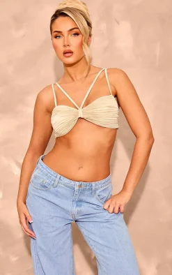 Champagne Plisse Knot Detail Strappy Crop Top