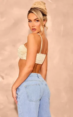 Champagne Plisse Knot Detail Strappy Crop Top