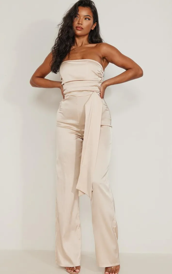 Champagne Satin Bandeau Pleat Detail Tie Side Jumpsuit
