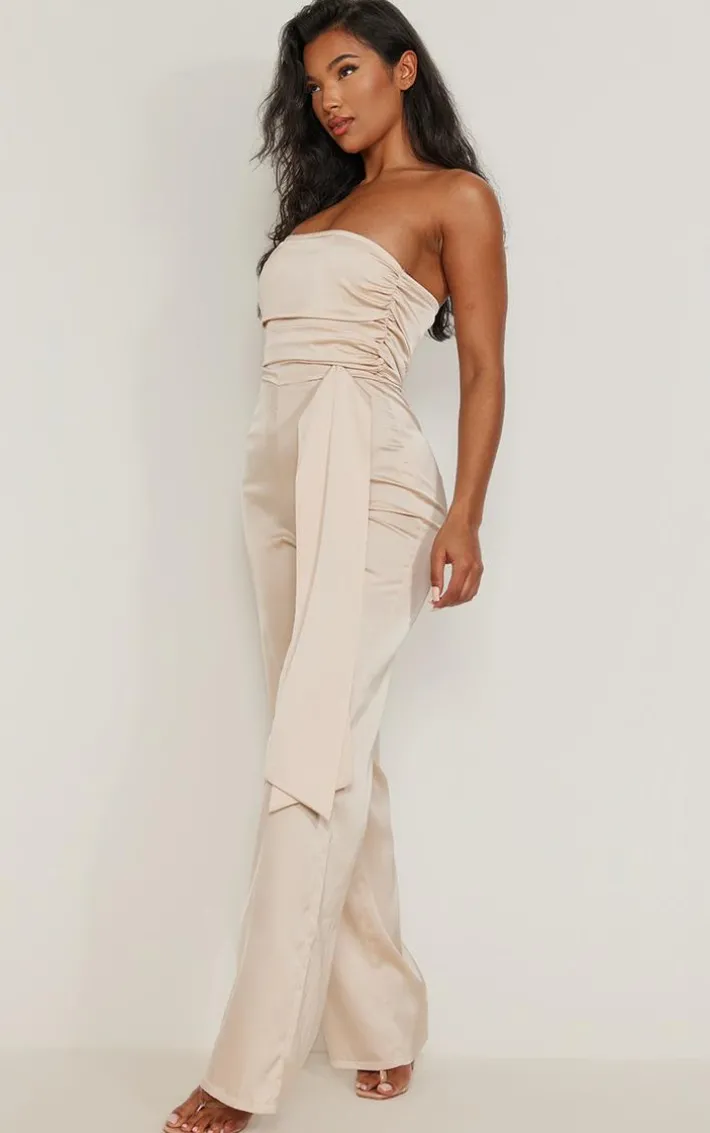 Champagne Satin Bandeau Pleat Detail Tie Side Jumpsuit