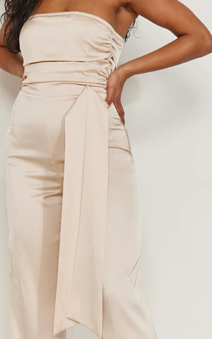 Champagne Satin Bandeau Pleat Detail Tie Side Jumpsuit