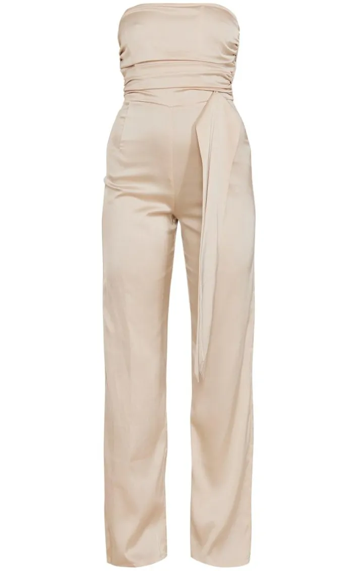 Champagne Satin Bandeau Pleat Detail Tie Side Jumpsuit