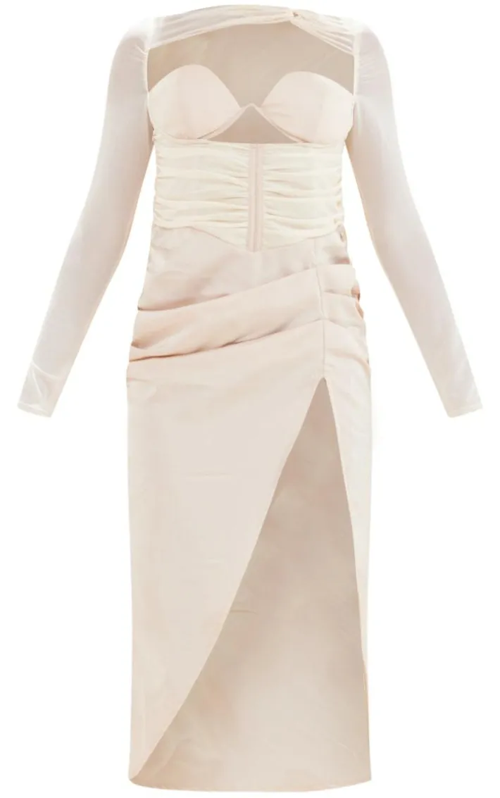 Champagne Satin Bust Detail Ruched Mesh Sleeve Midi Dress