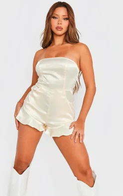 Champagne Satin Frill Leg Bandeau Romper